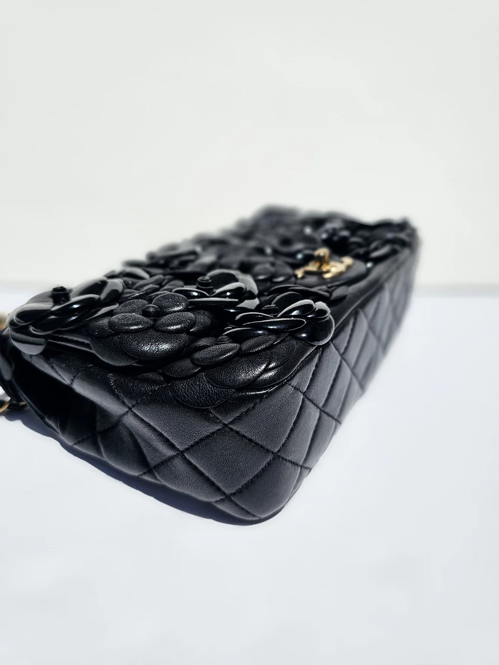 Auth Chanel black leather 3d camellia medium flap bag htf